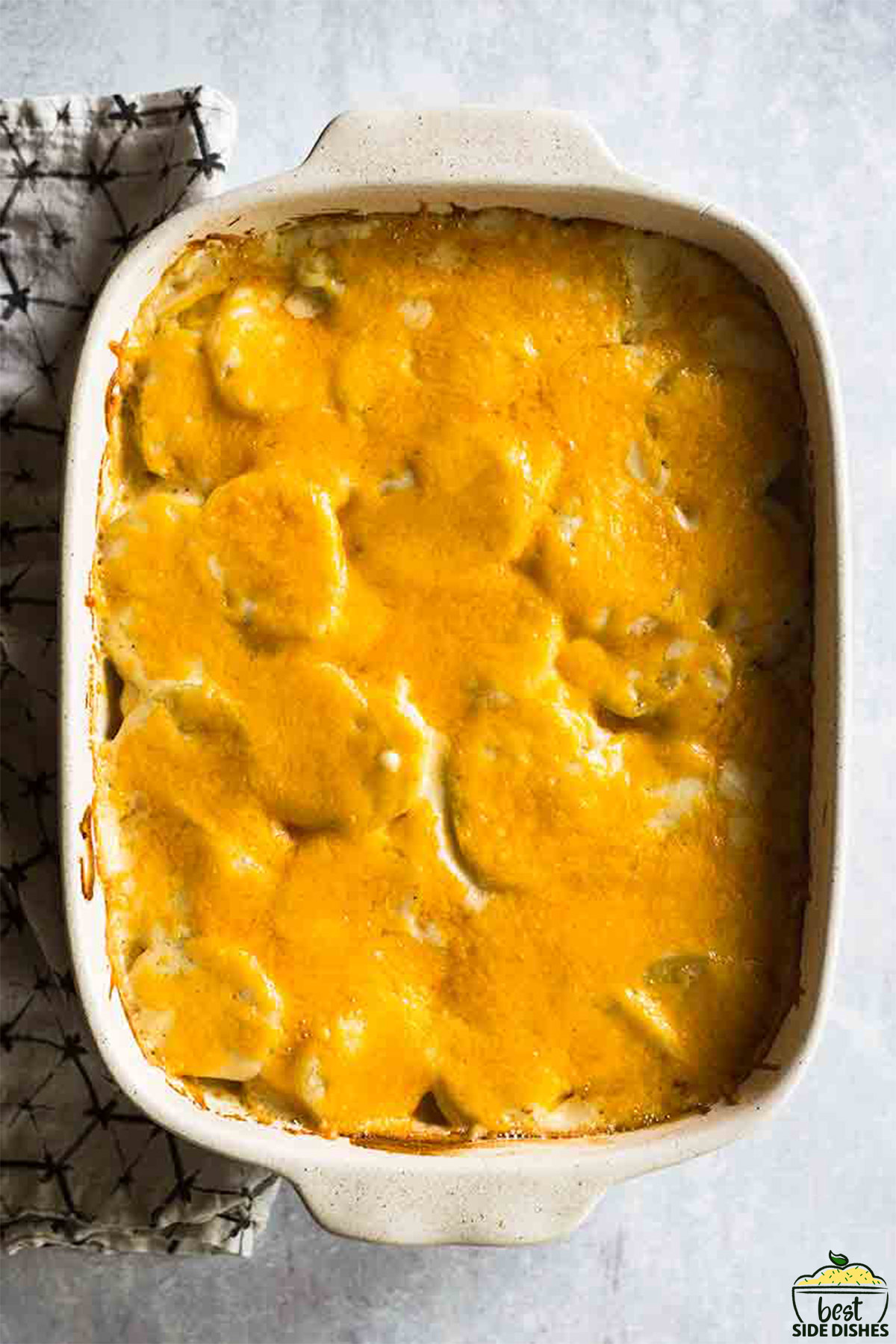 Baked scalloped potatoes in a baking dish
