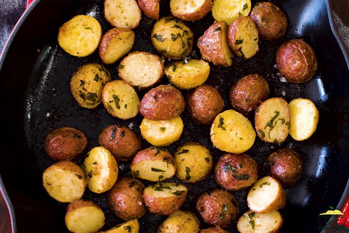 roasted garlic potatoes complete in pan