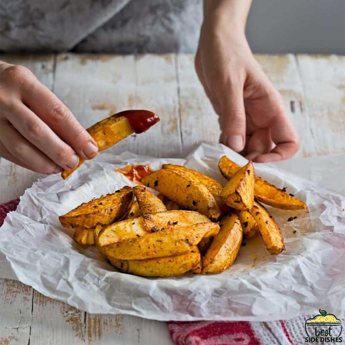 lifting a potato wedge dipped in ketchup over a plate of crispy potato wedges