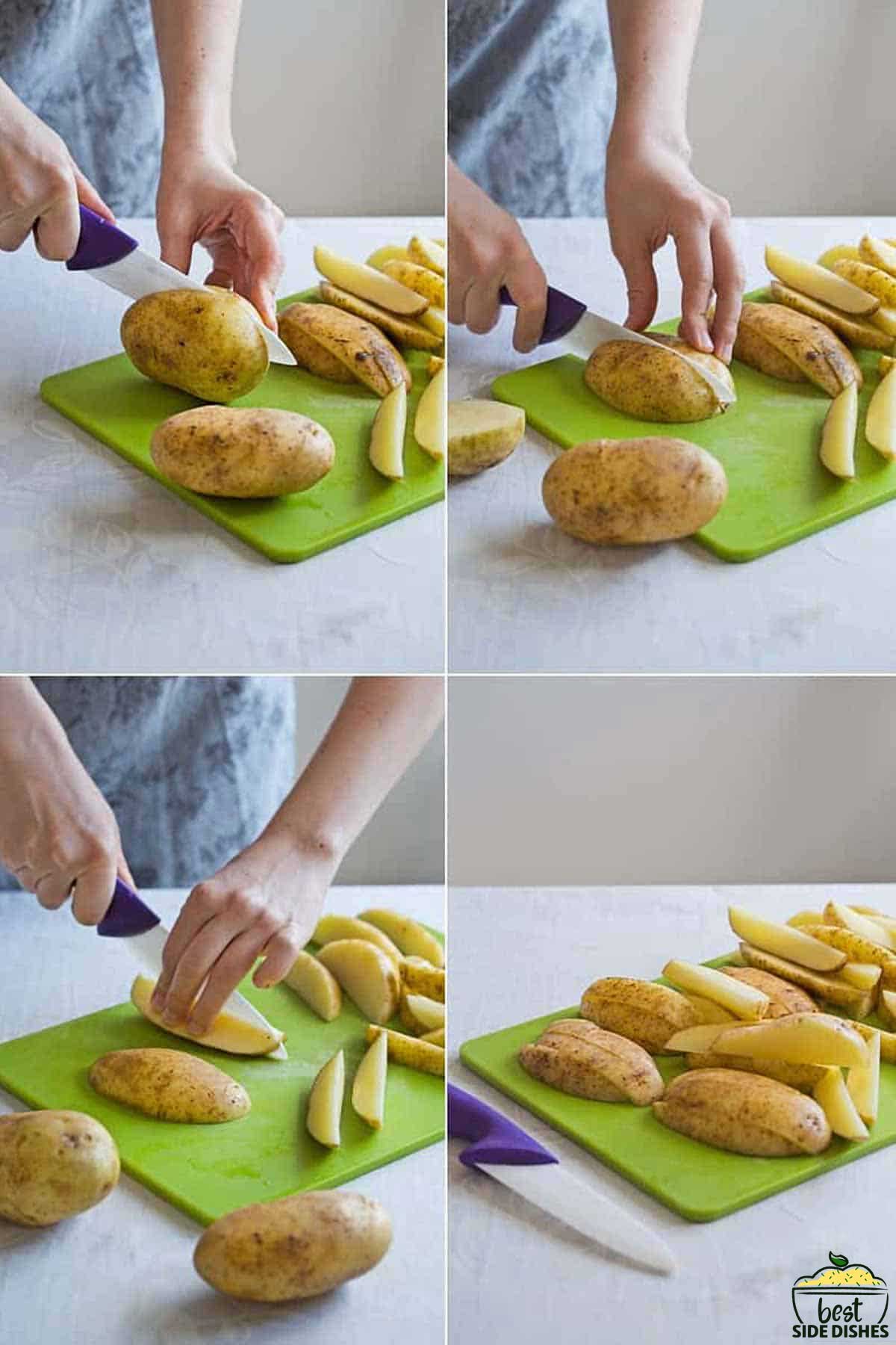 step-by-step showing slicing potato wedges into 8 pieces