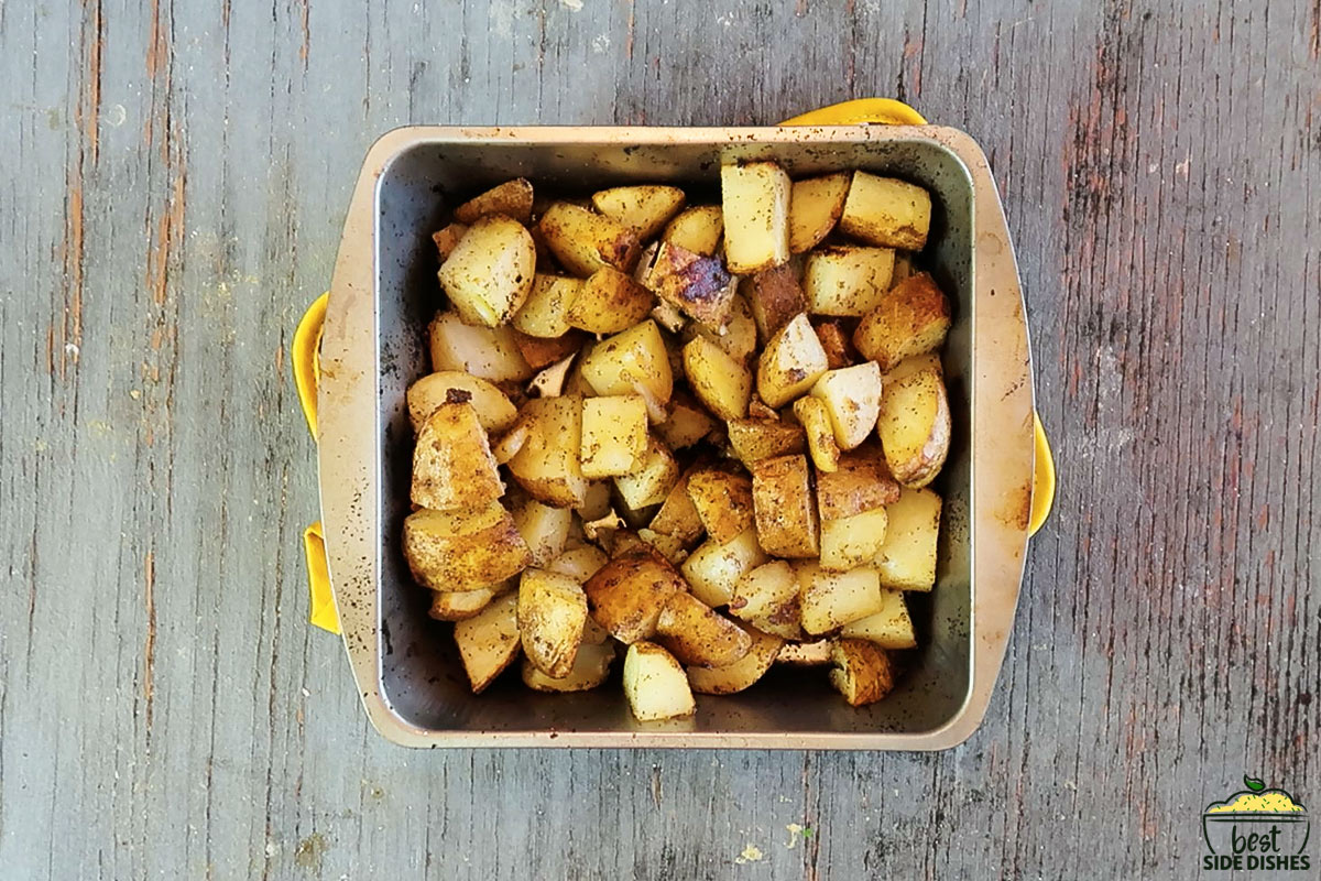 Freshly crispy grilled potatoes in a baking dish