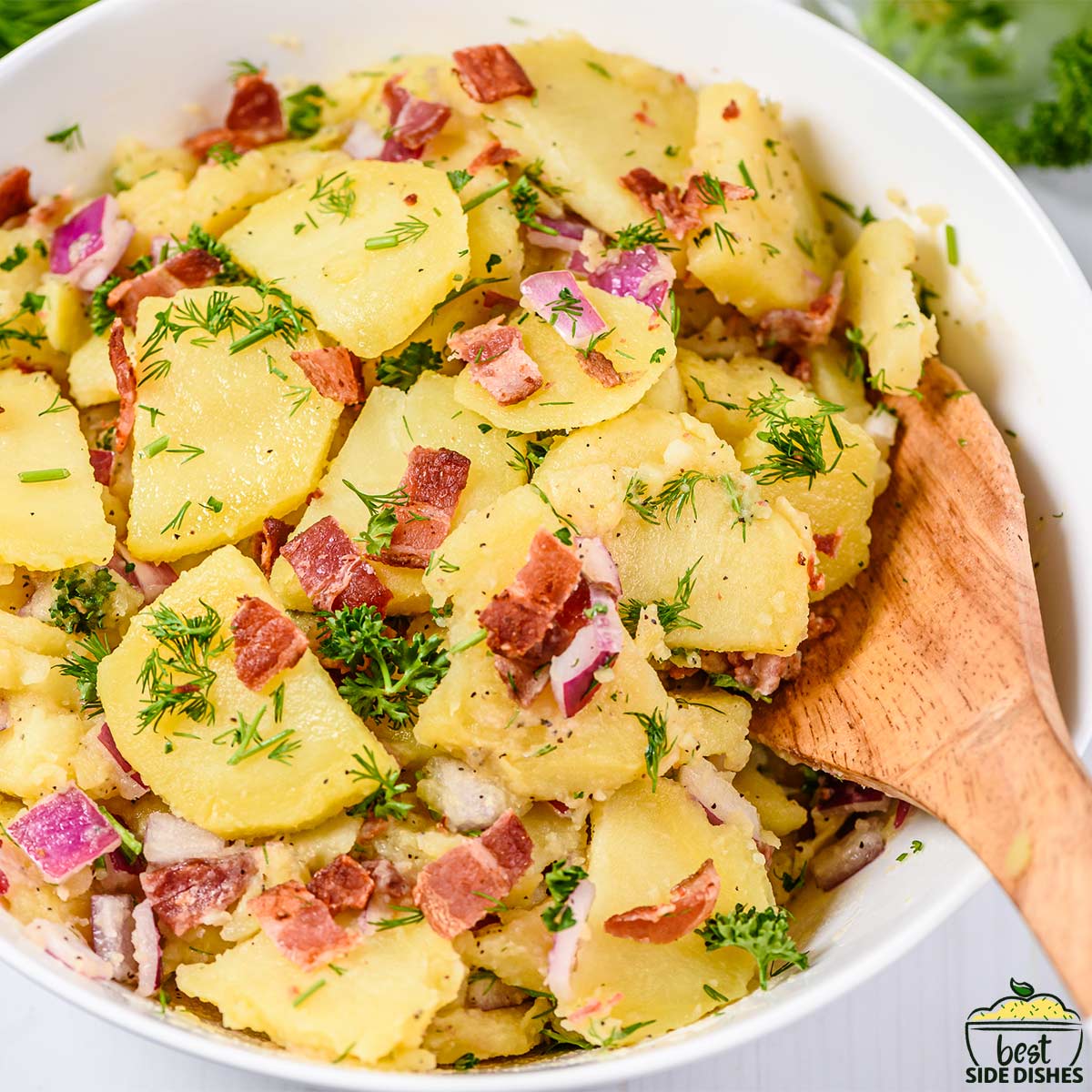 german potato salad in a white bowl with a wooden spoon