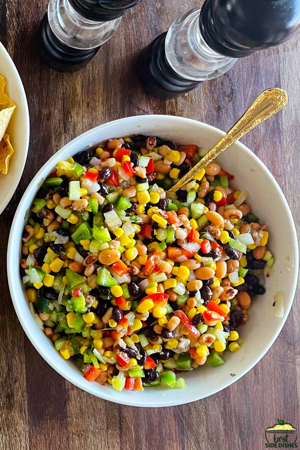 Black eyed peas salad in a white bowl
