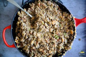 stuffing mixed in a pan