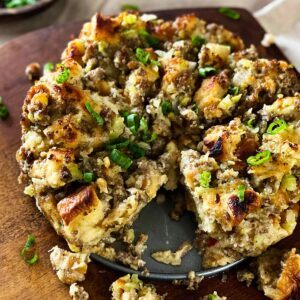 instant pot stuffing on a wood cutting board