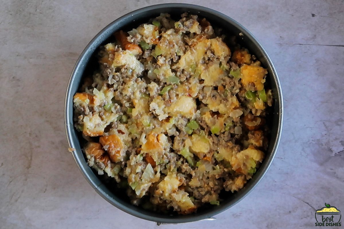 Instant pot stuffing in a springform pan ready to cook