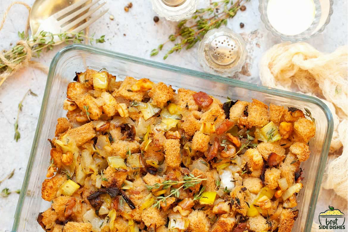 mushroom stuffing baked in a clear baking dish