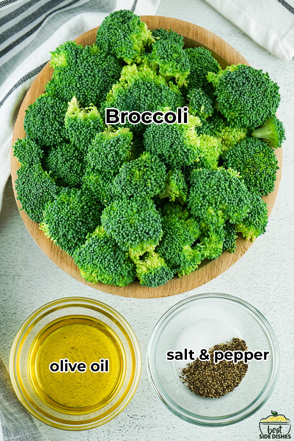 all of the ingredients for air fryer broccoli in separate bowls with labels