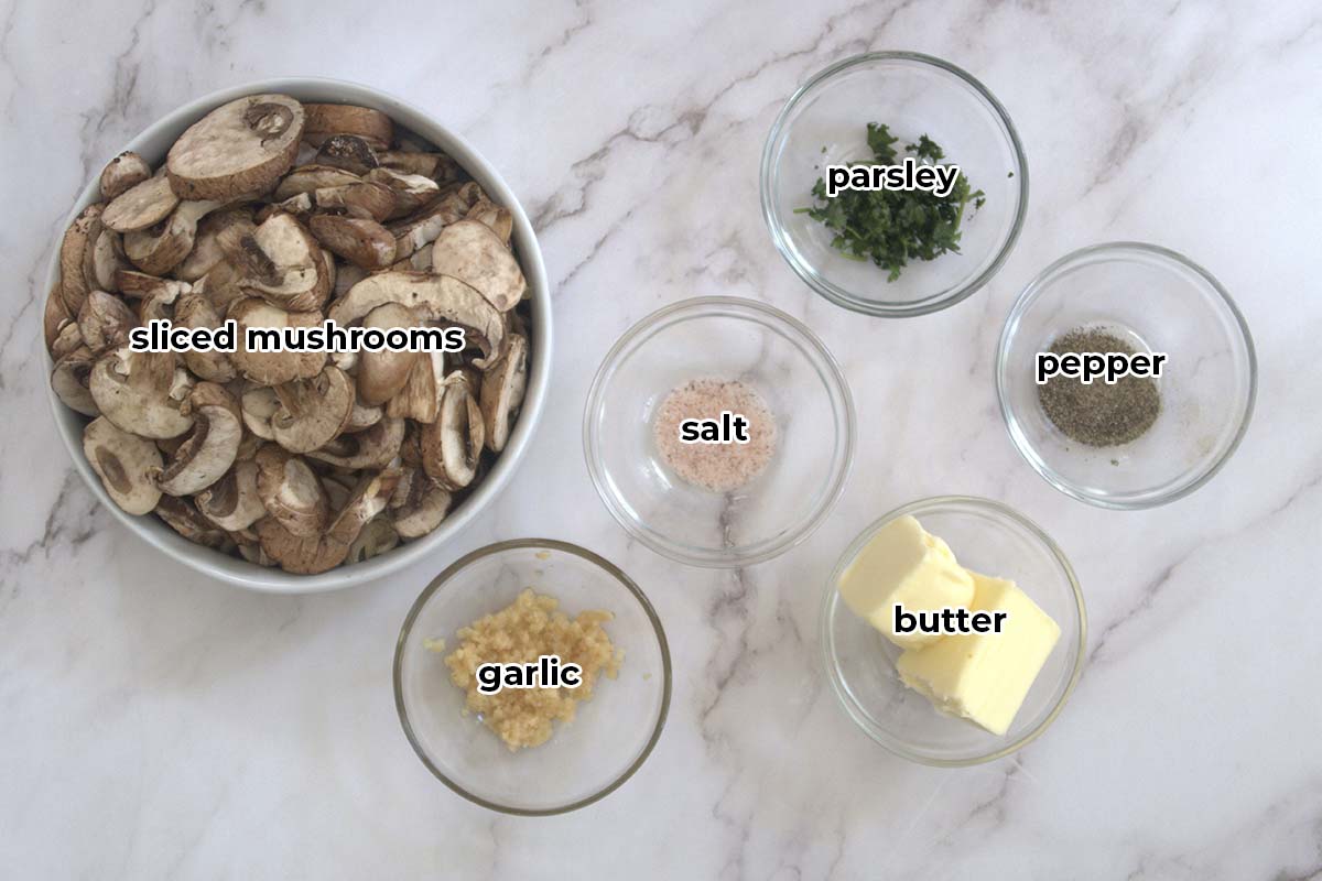 ingredients to make sauteed garlic mushrooms in bowls