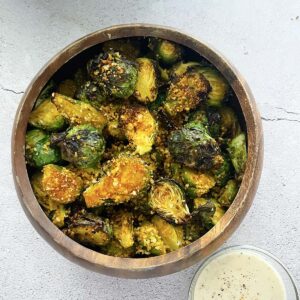 air fried brussels sprouts overhead in a wooden bowl