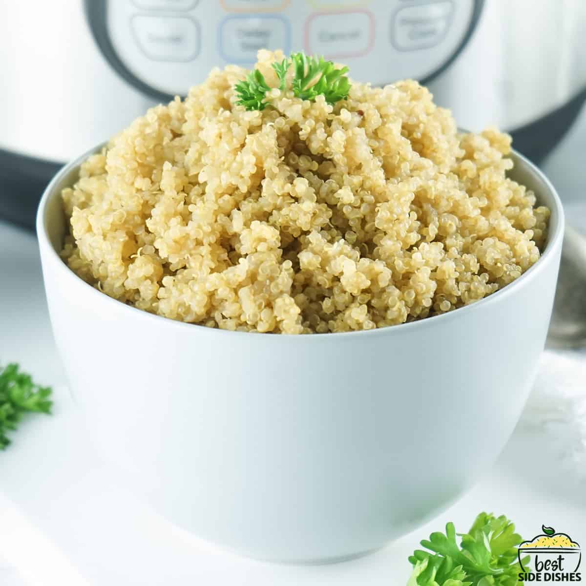 a white dish of fluffy quinoa next to an instant pot