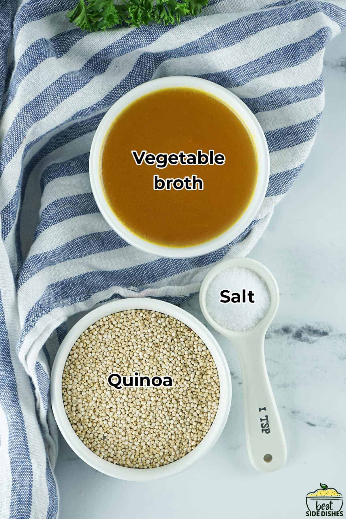 the ingredients for instant pot quinoa in bowls with labels