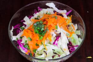 a mixing bowl with all the ingredients for asian slaw added