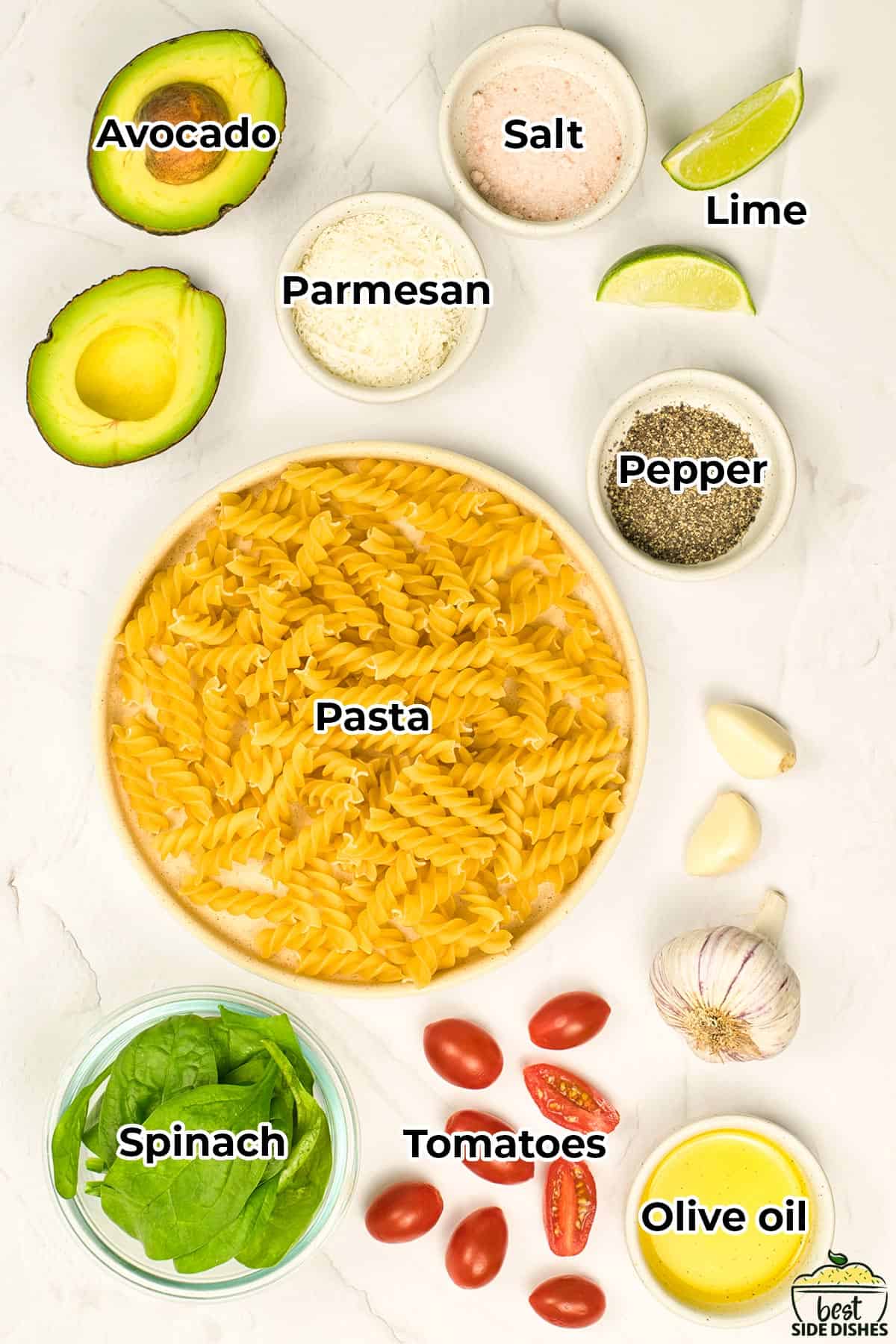 all the ingredients for avocado pasta with labels
