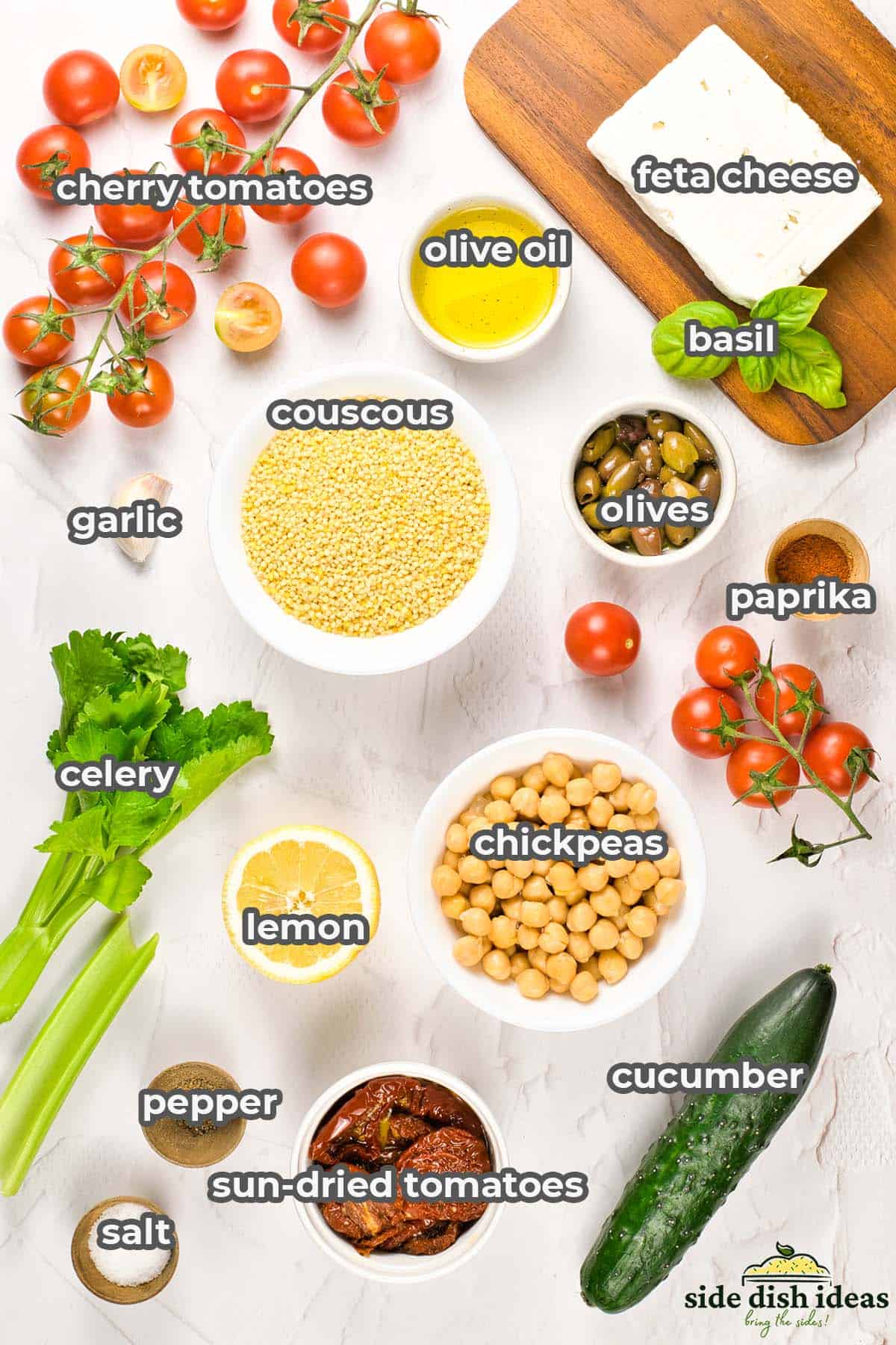 ingredients for mediterranean couscous salad with labels