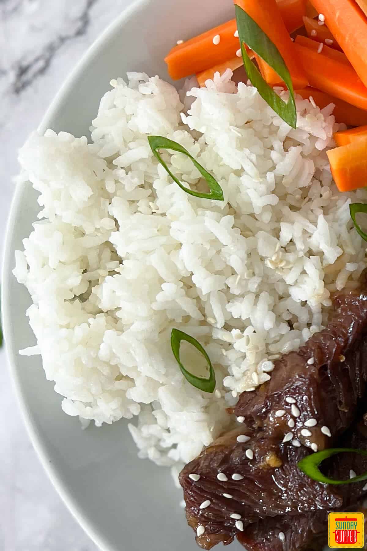 microwave rice on white plate with green onions, carrots and sliced beef