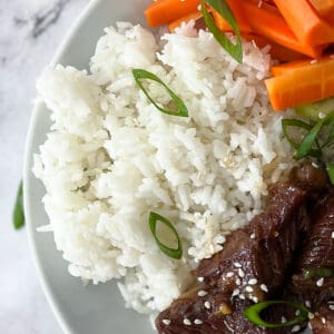 microwave rice on plate with green onions, carrots and sliced beef