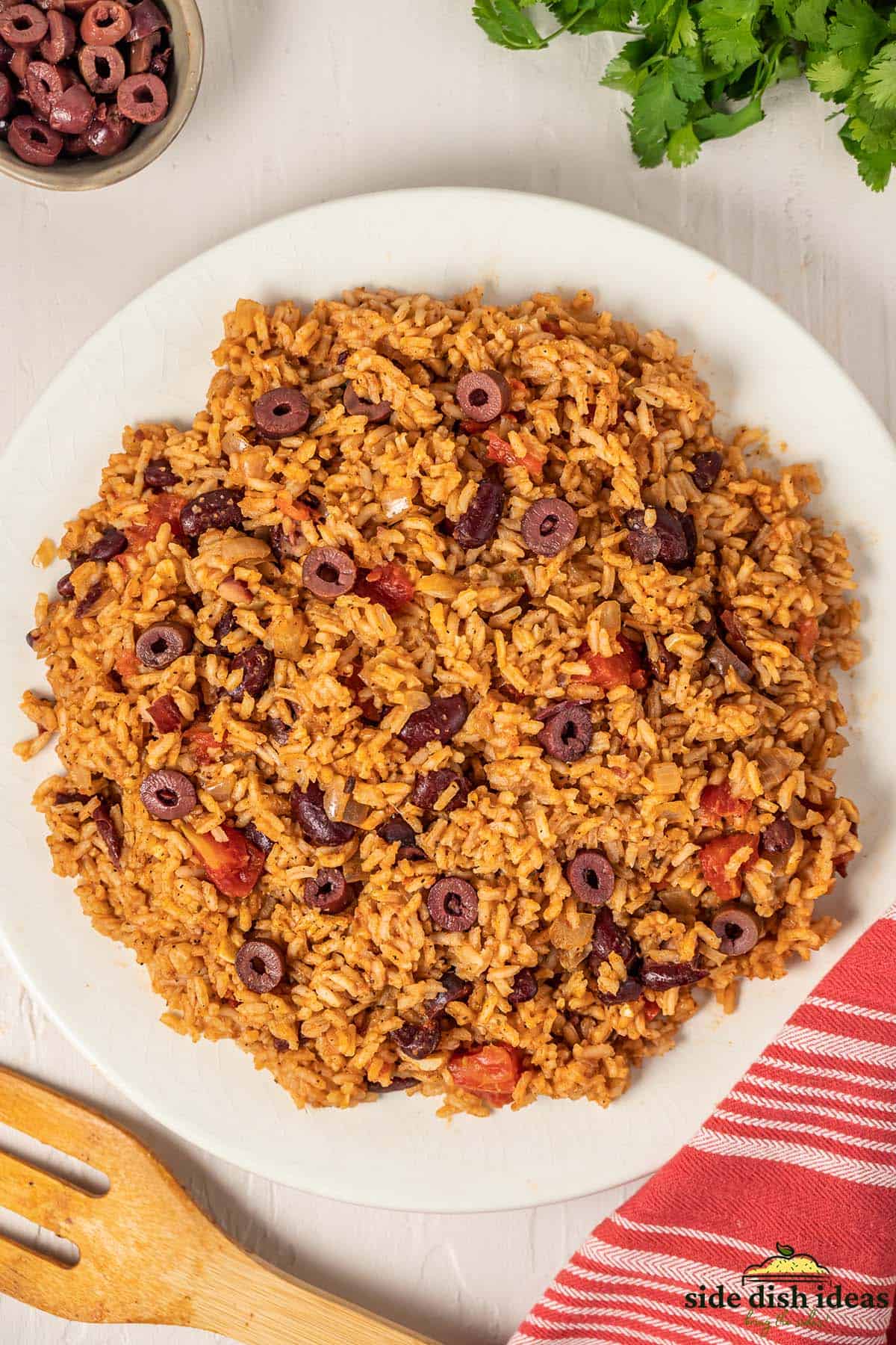 a big serving plate filled with Spanish rice and beans
