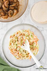 coleslaw in a bowl with a white spoon