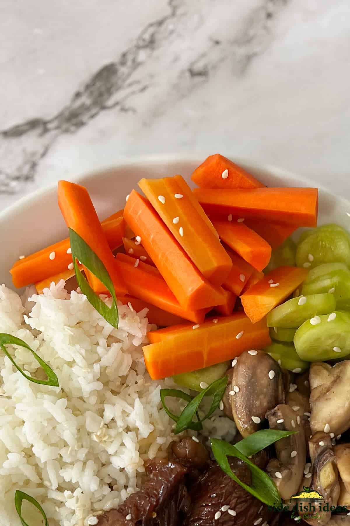pickled carrots on a plate with rice and cucumbers